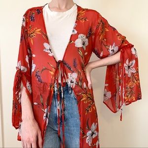 Band of Gypsies Red Bohemian Floral Kimono Robe Boho Duster Size Medium